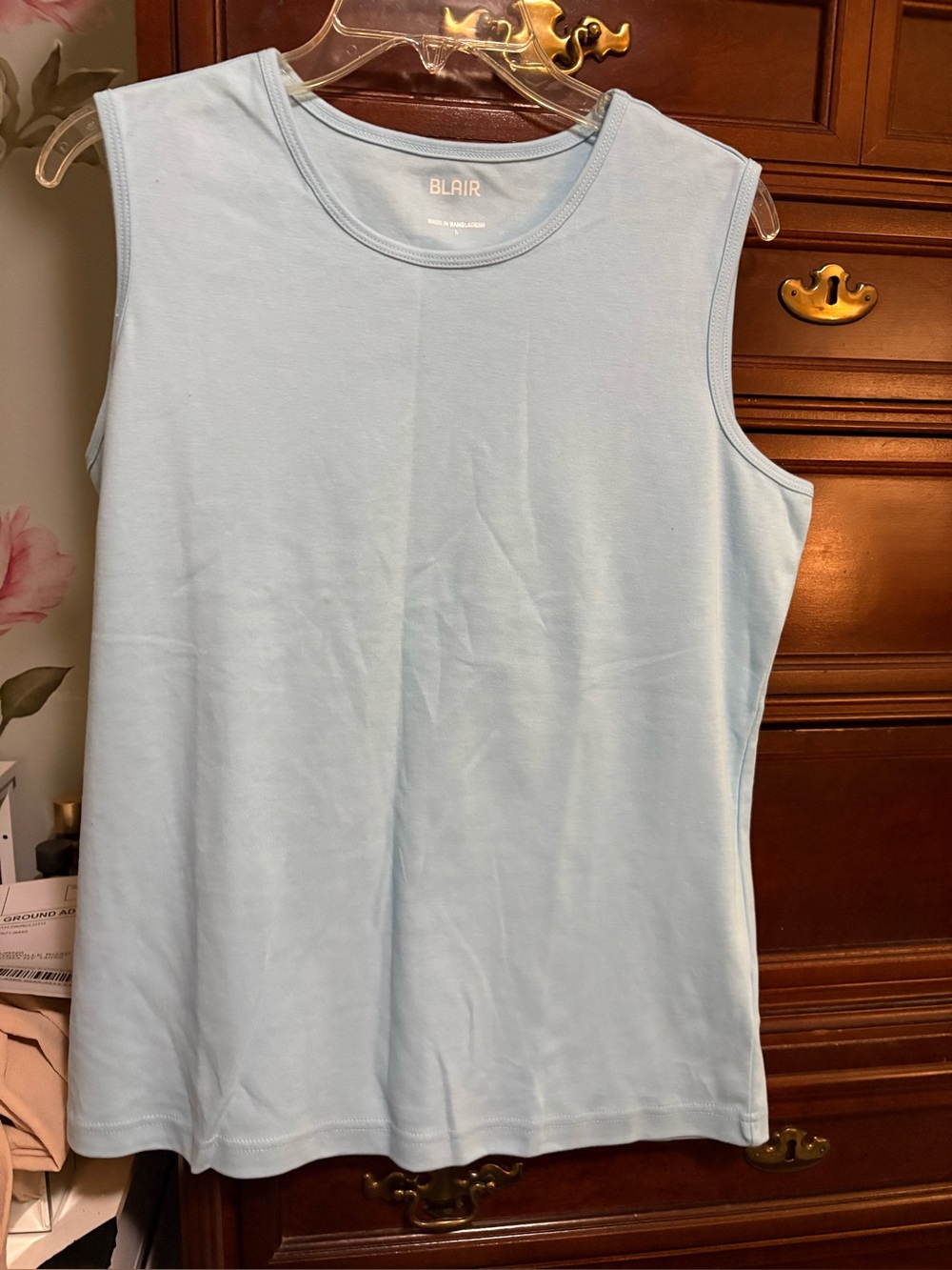 Blair Blue Sleeveless Tank Top. 
Blue and green shirt and denim Capri pants